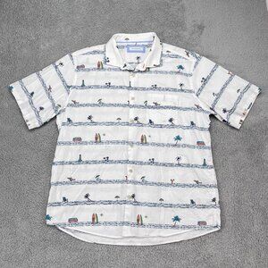 Alex‎ Cannon Button Up Mens XXL White Beach Surf Print Short Sleeve Cotton Shirt